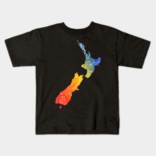 Colorful mandala art map of New Zealand with text in blue, yellow, and red Kids T-Shirt